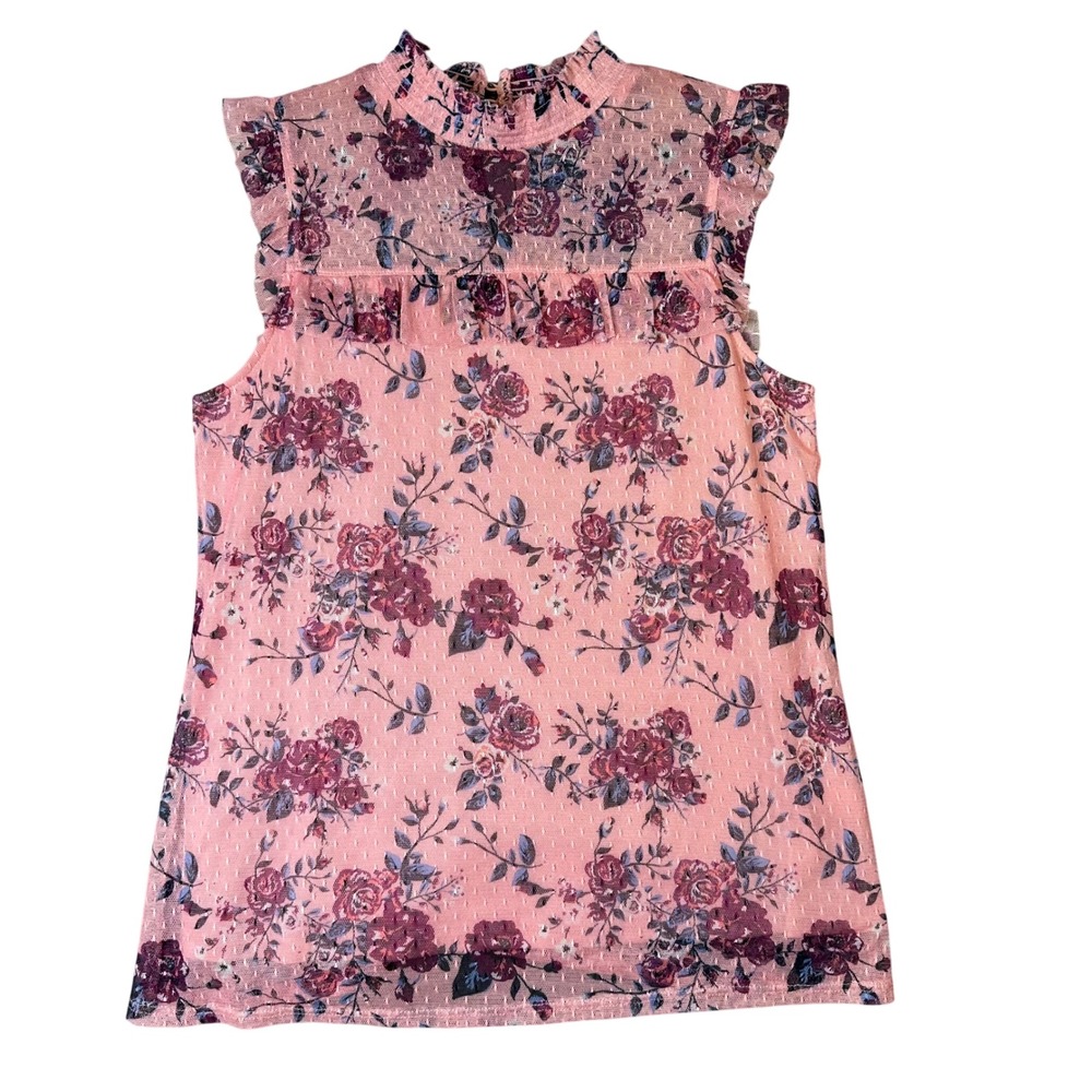 No Boundaries Floral Mesh Ruffle Mock Neck Top Boho Coquette Pink Medium 7-9